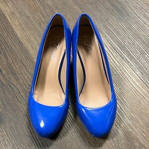 Forever Bright Blue Patent Wedges